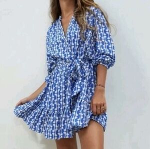 Zara The Paula Dress Blue White Print Ruffle Mini Dress Size M
